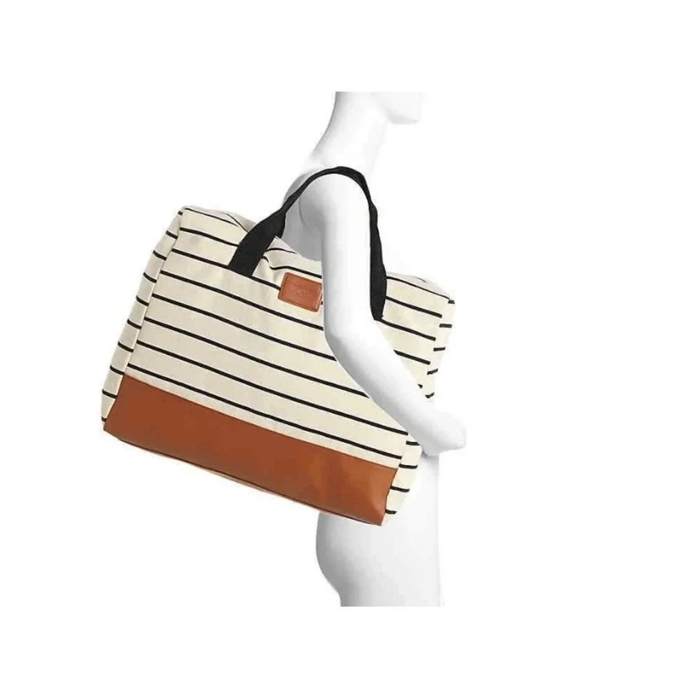 TOMS DSW Striped Canvas Tote Bag Cream Black Brown Vegan Leather Weekender Large